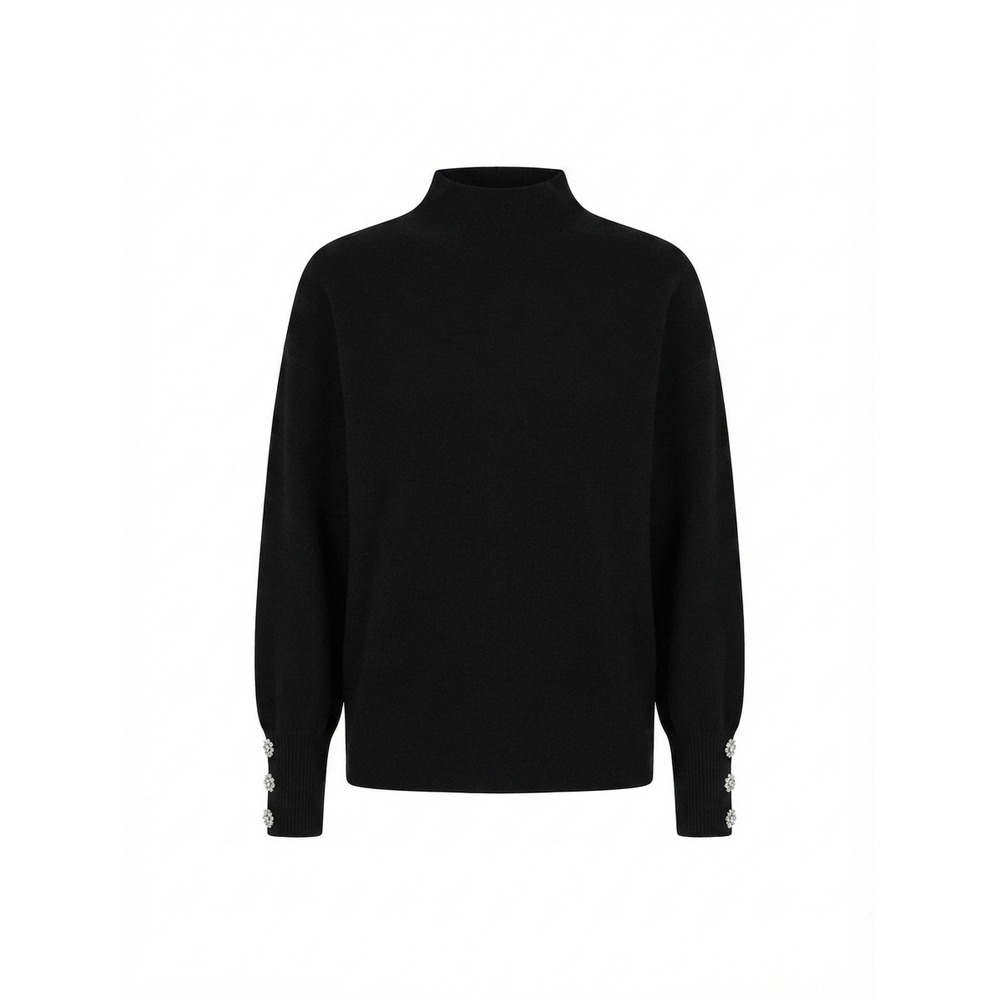 Tahari Womens Black Mock Neck Sweater Rhinestone Floral Button Cuffs Size Medium - Picture 1 of 8